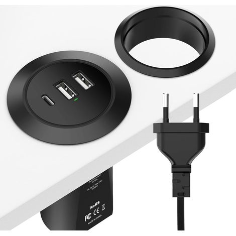 Chargeur USB de Bureau à 3 Ports, œillet d'alimentation de Bureau 45 W, 3 USB (1 USB C, 2 USB A) multiprise Ronde de Bureau à Montage encastré avec rallonge de 6,4 Pieds Prise Plate, Noir (1/5)