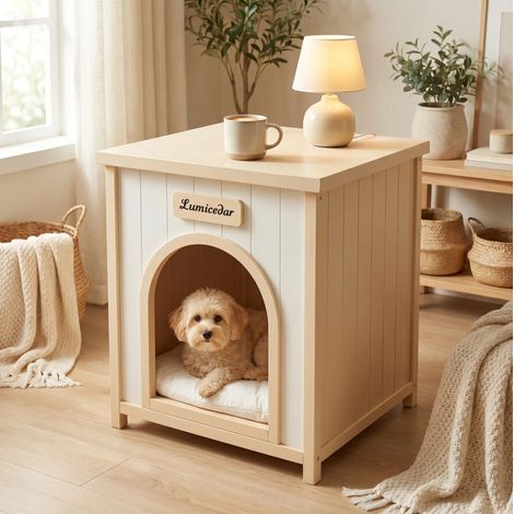 Cuccia per cani in legno FSC® con cuscino, tavolino, 53 x 51,6 x 60 cm, bianco crema DESVIAE (1/5)