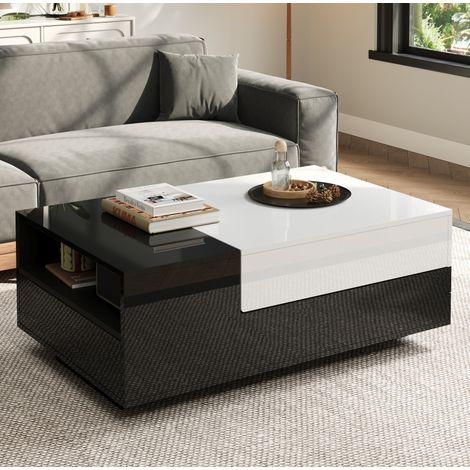 Table basse 100 x 50 cm, 2 tiroirs noir blanc OKMYHOME (1/5)