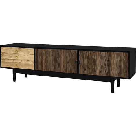 ELVMI Mobile TV con 2 Ante e 3 Cassetti, Motivo Ondulato, per Soggiorno, in MDF e Pannelli di Particelle, Nero e Naturale, 180 × 38 × 50 cm (1/4)