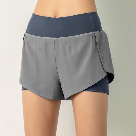 Short de running femme 2-en-1 avec poche, taille large, doublure couvrante, sport yoga, leggings, bleu, S