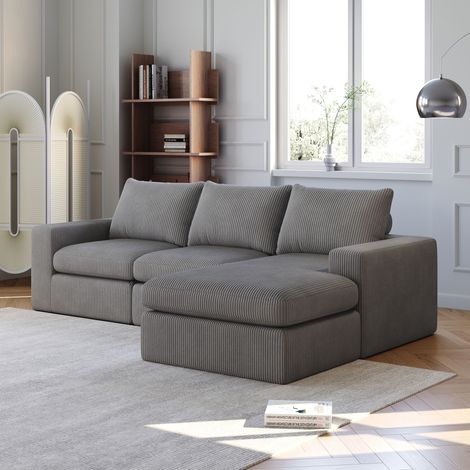 Divano angolare a L a 3 posti con 3 cuscini, 1 chaise longue, velluto a coste - Mobili per soggiorno/camera da letto, 251×160×81 cm, grigio scuro (1/5)
