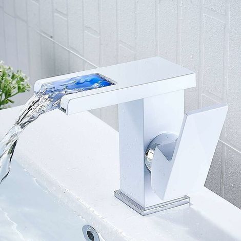 Robinet Lavabo Cascade LED - Laiton Chromé - Mitigeur Simple Poignée Chaud Froid - Indicateur Température Couleur - Pour Comptoir Salle De Bains - 1 Pièce