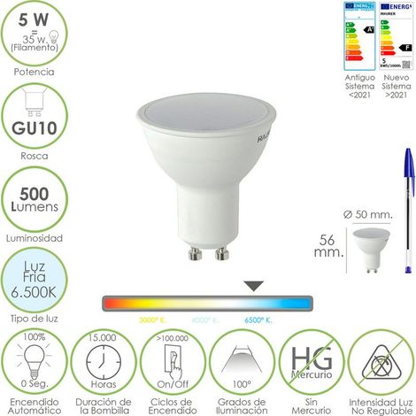 Bombilla Led Dicroica Rosca GU10. 5 Watt. Equivale A 50 Watt. 500 Lumenes. Luz Fria (6500º K)