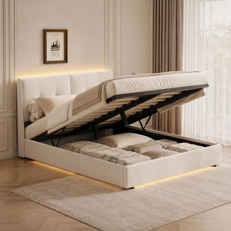 Stauraumbett 160x200 cm, gepolstertes Doppelbett mit LED-Beleuchtung und Seitentaschen, Samtbezug, inklusive Lattenrost, Beige (1/5)