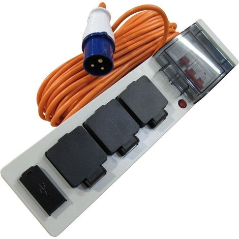20 Metre Mobile Mains Hook Up Cable With 3 Plug Sockets 2 USB Ports - Caravan Camping