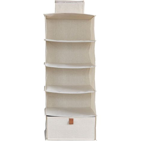 Étagère Suspendue en Lin-Coton Pliable, Organisateur Armoire avec 4 Compartiments et 1 Tiroir, Boîte de Rangement Tissu Beige, 30x30x75 cm (1/5)