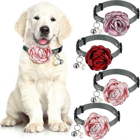 Collier pour chat ou chien (lot de 4) en nylon ajustable avec fleur, clochette et perle. (1/5)