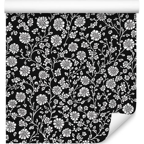 Papier peint à fleurs noires et blanches, fond graphite, 50 x 1000 cm (1/5)