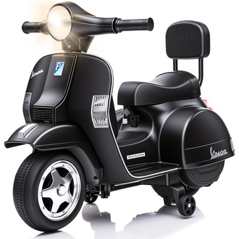Scooter électrique pour enfants de type Vespa 6 V avec roulettes stabilisatrices - Lumières et musique - Klaxon - Scooter pour garçons et filles à partir de 3 ans - Couleur : noir