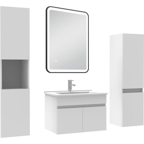 Ocean Meuble simple vasque blanc 60cm avec colonne + miroir lumineux 3 couleurs + dimmable (1/5)