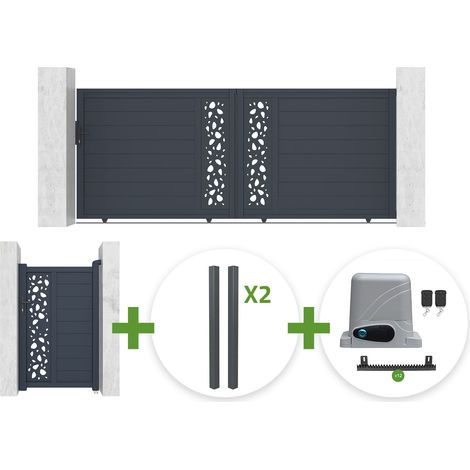 Puerta corredera SUNNY de 3,5 m y 140 cm de altura, color gris + puerta peatonal SUNNY de 1 m y 140 cm de altura, color gris + 4 postes + motor Ranger C300 (1/5)