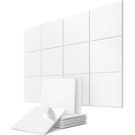 Lot de 12 panneaux acoustiques design en feutre recyclé - Isolation phonique carrés - 250 x 250 x 9 mm - Blanc - Pour le jeu, le bureau, le couloir (1/5)