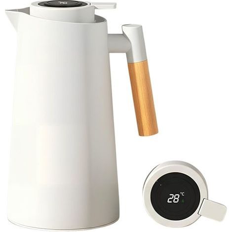Pichet Isotherme, 1L Carafe à Café Thermique, Thermos Sous Vide Isolé, Manche En Bois, Pour Le Café Au Thé Chaud Et Froid(Blanc) (1/5)