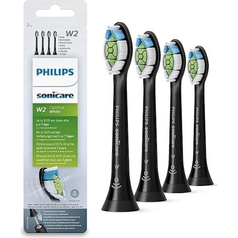 Brossettes de rechange noires Philips Sonicare W2 (lot de 4), compatibles avec les brosses à dents Sonicare, poils souples pour un nettoyage en profondeur, noires. (1/4)