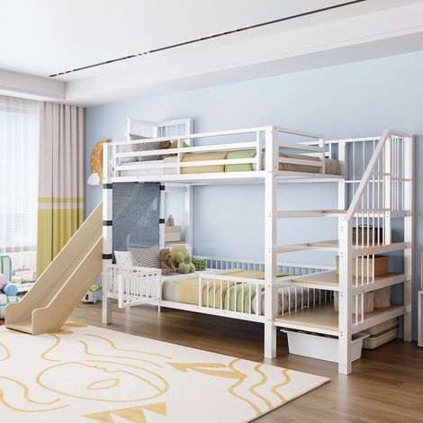 Lit superposé métal enfant 90x200 cm blanc avec toboggan, échelle et rangement garde-corps (1/5)