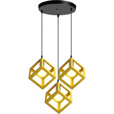 3 Lumières Lustre Suspension Vintage Style Geometrique Lampe de Suspension Luminaire en Forme de Cube Métal Plafonnier pour Chambre à Coucher, Salon, Salle à Manger, Cuisine - 16 CM, Jaune BLOW (1/4)