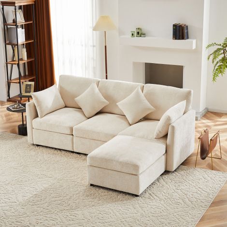 Canapé d'angle L 3/4 places en chenille avec repose-pieds, design moderne spacieux pour appartement et salon familial (1/3)