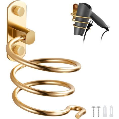 (Gold) Hair Dryer Holder, Wall-Mounted Aluminum Hair Dryer Holder, Cable Holder for Kitchen, Bathroom, Bathroom Accessories (1/5)