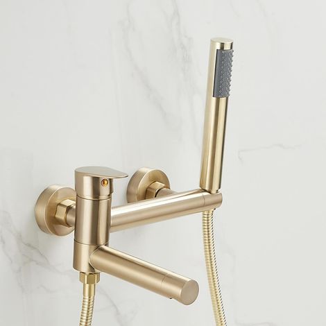 Mitigeur Baignoire Mural Robinet Salle Bain Douchette Or Brossé Rotatif à 90° Robinetterie Douche Laiton (1/3)