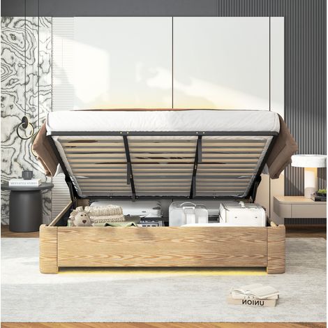 Letto contenitore sollevabile con LED 180 x 200 cm beige effetto cuoio e velluto OKWISH (1/5)