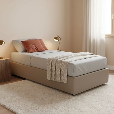 Dmora - Cama individual Dzovk, Cama contenedor con tapizado en ecopiel, 100% Made in Italy, Apertura frontal, con colchón Cm 90x200 incluido, Tórtola (1/5)