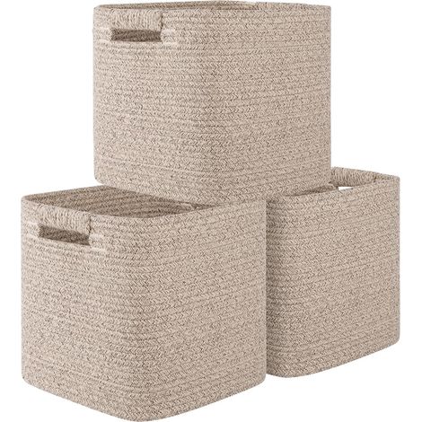 Lot de 3 paniers rangement coton tressé 28 cm carré, marron, poignées renforcées, jouets linge salon chambre (1/5)