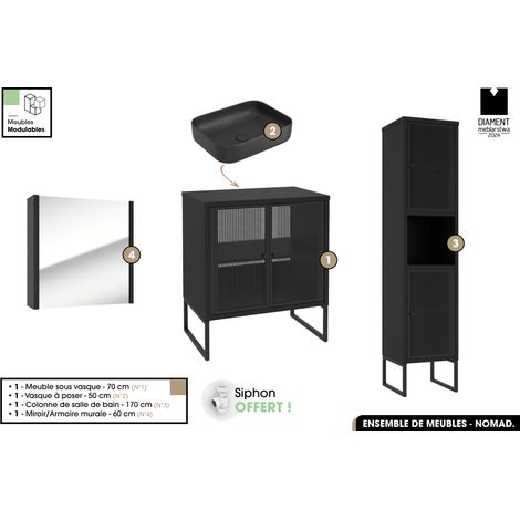 Ensemble complet de salle de bain - Meuble - Colonne - Miroir - Vasque avec Siphon OFFERT NOMAD NOIR 70 x 80 x 43 cm (1/5)