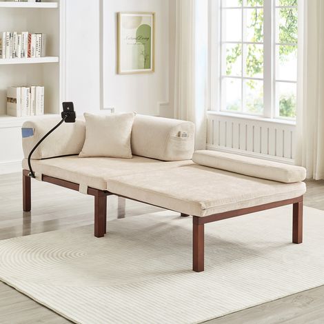 Sofá cama plegable individual, convertible en cama extraíble, estructura de madera maciza, terciopelo beige (1/5)