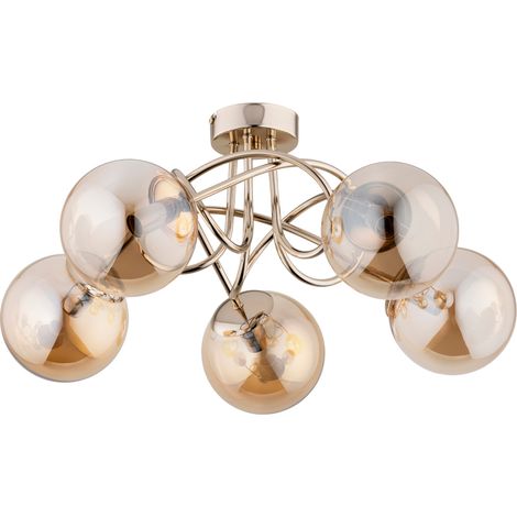 Plafonnier glamour laiton antique, boules ambre, 5xE14 (1/3)