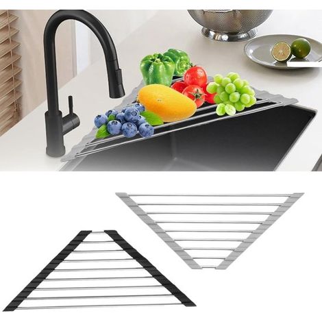 Set di due tappetini angolari arrotolabili per cucina in acciaio inox, neri e grigi, da stendere ad asciugare. (1/5)