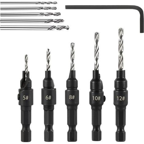 5pcs Forets Fraisés à Chanfreiner Réglable Fraise Bois 1/4" Changement Rapide Mèches à Fraiser Coffrets de Forets à Bois 5, 6, 8, 10, 12 pour le Travail du Bois et la Menuiserie (1/5)