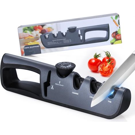 Alyvisun Affilacoltelli Professionale, Manuale 4 in 1 Affilacoltelli, Manico Ergonomico e Base Antiscivolo, per Affilare Coltelli da Cucina, Forbici ect (Nero) (1/5)
