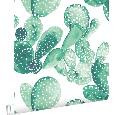 papier peint cactus peint à l'aquarelle vert émeraude intense  - ESTAhome