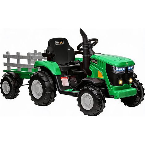 Tracteur enfant 12V - Double moteur 35W - Remorque - Télécommande MP3 LED - 3 vitesses - Vert - 51×138×54 cm