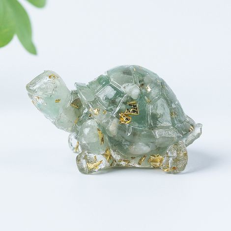 Tortue En Cristal Aquamarine Figurine Feng Shui Porte-Bonheur Statue Dorée Avec Feuilles D'Or Pour Maison Bureau (1/5)