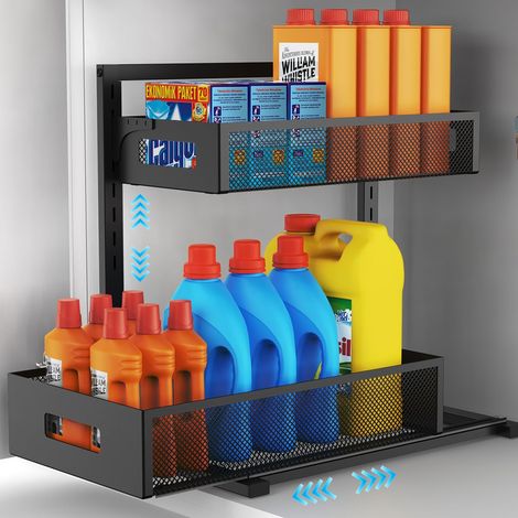 Organiseur de salle de bain à 2 niveaux à hauteur réglable avec tiroirs coulissants, organiseurs de cuisine et de rangement pour réfrigérateur (1 pièce) (1/5)