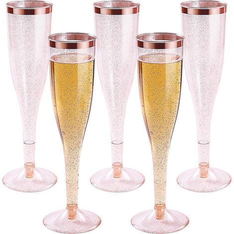 Verres à champagne jetables réutilisables en plastique avec paillettes et bord or rose, parfaits pour une fête.