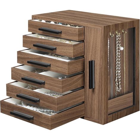 Boîte à Bijoux, Coffre à Bijoux en bois d’ingénierie avec 6 tiroirs, Rangement au style rétro avec vitrine, pour boucles d’oreilles, colliers, bagues, Noyer Foncé et Noir