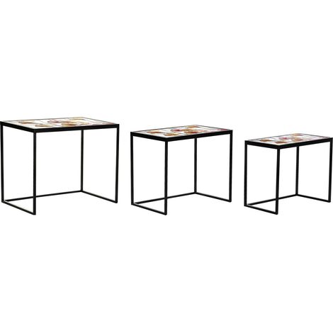 Set de 3 tables gigognes en verre multicolore et métal noir -PEGANE- (1/2)