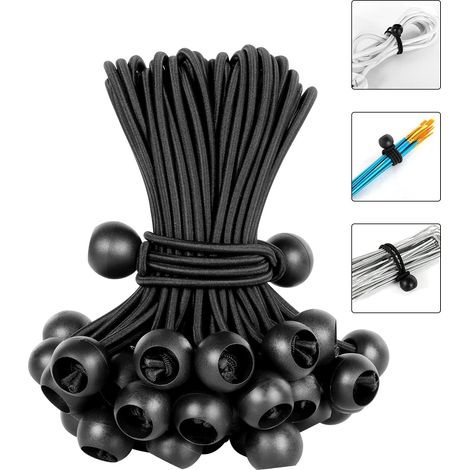 Cordes élastiques à boules (lot de 50) - Cordes élastiques à boules de 15 cm (6 pouces) de large, robustes, pour bâche de camping.