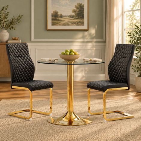 Set tavolo rotondo in vetro 85 cm con 2 sedie da pranzo, nero-oro, trasparente, HAVRYA (1/5)