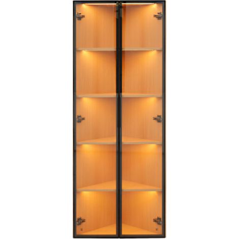 Vitrine LED en verre 62 x 35 x 160 cm – extérieur chêne, bande lumineuse intégrée, armoire en verre trempé anti-poussière, vitrine d'angle avec porte – vitrine de collection, bibliothèque, cave à vin, (1/4)