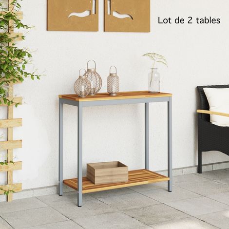 2 Tables d'Extérieur Métal & Bois 80 X 35 X 75 cm. Gris (1/5)