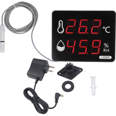 Thermostat numérique LX905‑C avec sonde de température et d’humidité, affichage LED, prise américaine 100‑240V, indicateur précis pour maison ou bureau. (1/5)