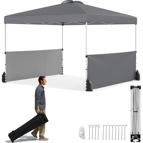 Tonnelle Pliable 300 X 300 CM avec 2 Demi-Murs Latéraux, Sac à Roulettes, 8 Piquets, 4 Ancrages, 4 Cordes de Vent, 4 Sacs de Sable, Gris