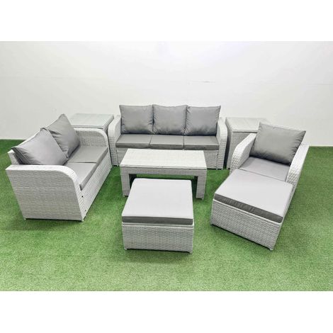 Fimous Patio PE Wicker 8 Seater Outdoor Rattan Furniture Sofa Sets with Oblong Coffee Table Reclining Chair Loveseat Sofa 3 Seater Sofa 2 Big Footstools 2 Side Table Light Grey (1/4)