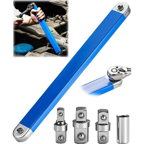Clé d'extension décalée, clé d'extension à cliquet zéro degré de 38,1 cm, clé à douille avec adaptateurs carrés (1,27 cm, 1/4'', 3/8''), clé d'extension universelle pour petit endroit, Outillage