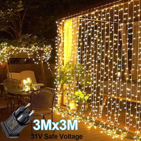 Rideau lumineux LED blanc chaud 3 x 3 m, 8 modes d'éclairage, fonction mémoire, étanche, pour décoration intérieure et extérieure (fêtes, mariages, Noël), adaptateur secteur UE inclus. (1/5)