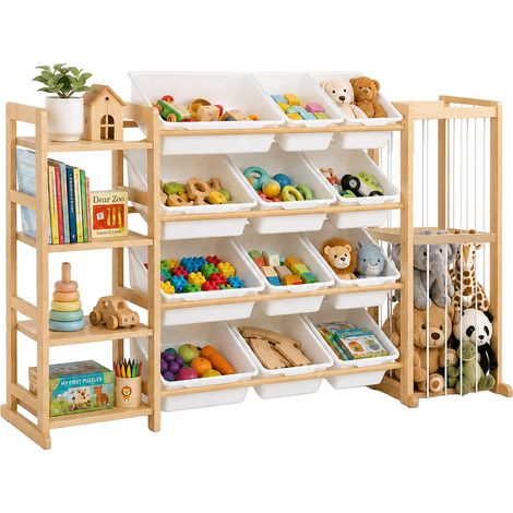 Relaxdays Scaffale per bambini, 12 box, 4 ripiani, porta-peluche, HxLxP 80 x 150 x 30 cm, scaffale giocattoli, legno